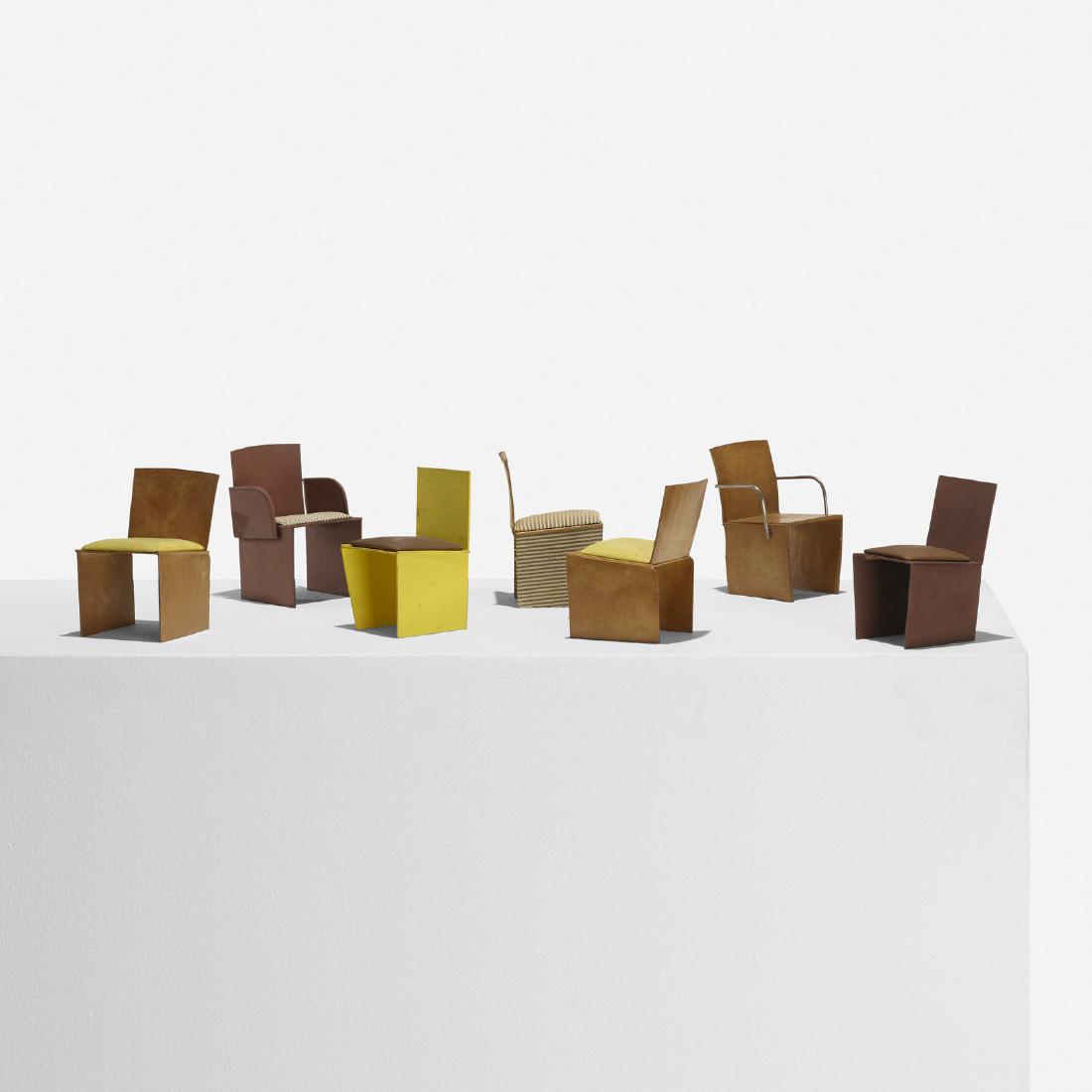 Richard Schultz, Models of dining chairs, set of seven: Richard Schultz Models of dining chairs, set of seven USA, c. 1976painted cardboard, matte board, upholstery, chrome-plated steel3.5 w x 3.25 d x 5.25 h in (9 x 8 x 13 cm) These seven models were