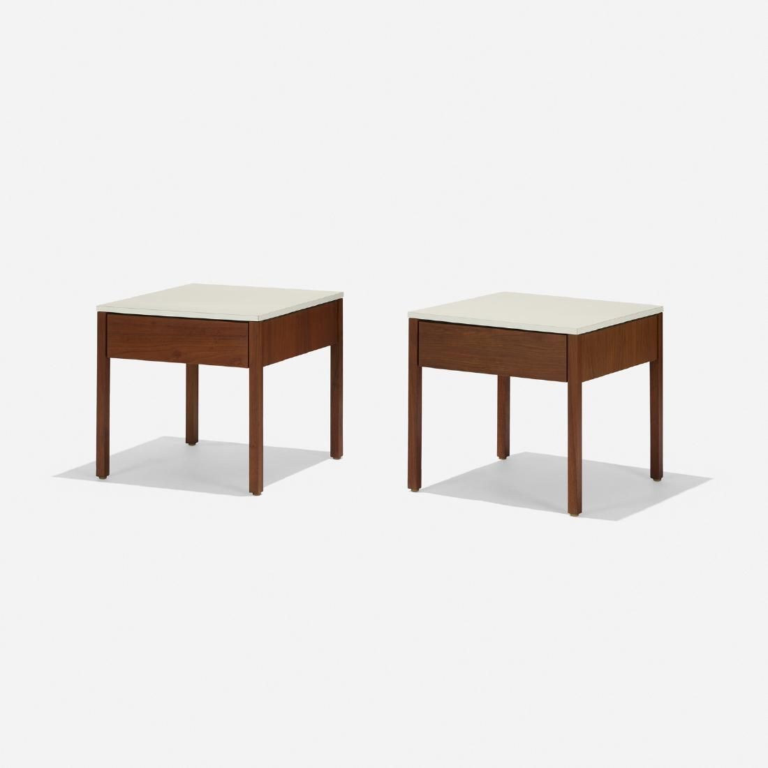 Richard Schultz, nightstands model 227, pair: Richard Schultz nightstands model 227, pair Knoll AssociatesUSA, 1956walnut, laminate19.5 w x 19.5 d x 18.25 h in (50 x 50 x 46 cm) Signed with applied paper manufacturer's label to each ex