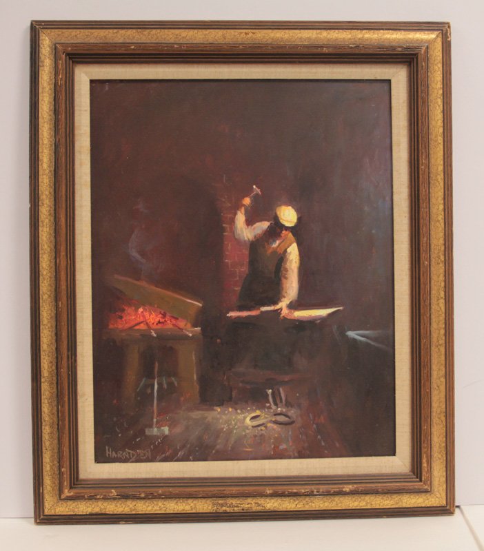 Oil Painting On Masonite by William Harden: Oil painting on masonite by william Harden depicting a black smith hammering away. Measures 17 1/2" x 21 1/2"image size, 21 3/4" x 25 3/4" frame size