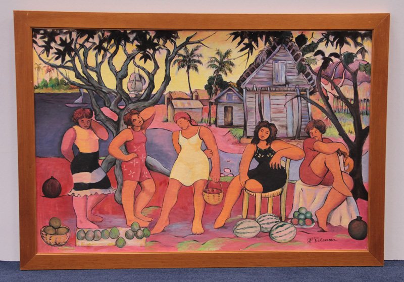 HENRY PELISSLEROIL PAINTING ON CANVAS: Henry Pelissler oil painting on canvas depicting Hatian woman on a beach hangin around signed lower right 33 1/2" x 35" 1/2"