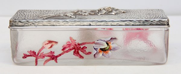 PERTHUIS FRENCH ART NOUVEAU & ENAMEL COVERED BOX: French Perthius art nouveau and enamel covered rectangular box. Depicting a pink flower and stem and each side and a flower on on end of the box. Beautiful design with a silver plate lid. Hallmaks are