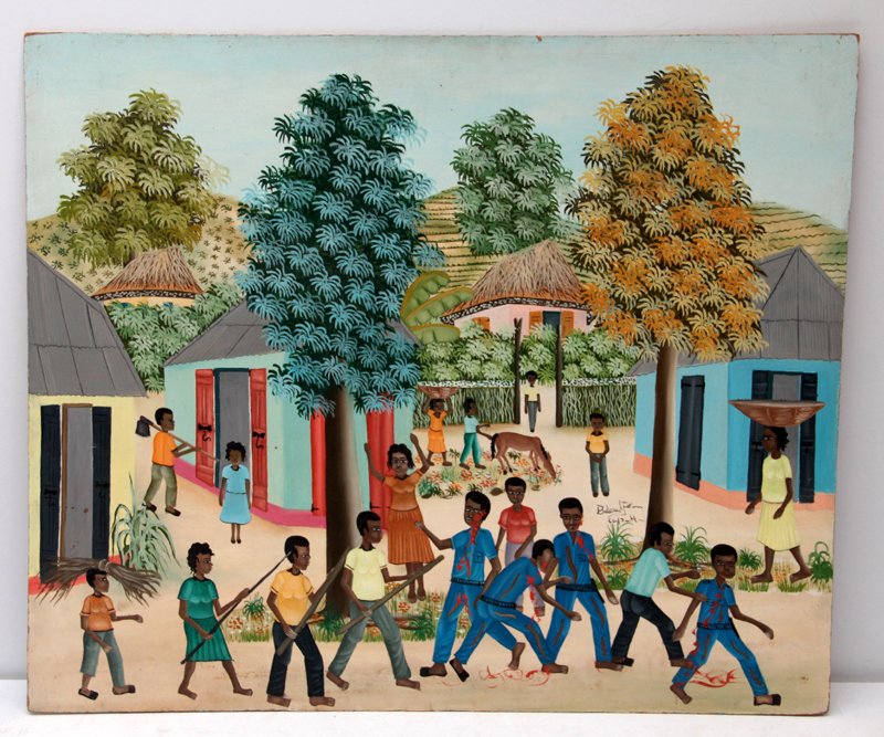 EDUARD FENN HATIAN OIL PAINTING: Eduard Fenn - Haitian oil painting on masonite. Depicting a bunch of people gathering for a fight, measures 20" x 24" signer lower right.