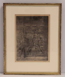 LEON LOUIS DOLICE ETCHING COLD NEW YORK: Leon Louis Dolice etching titled "Cold New York" Lexington Avenue, & 29th Street, image size 9 1/2" x 6 3/4" great condition