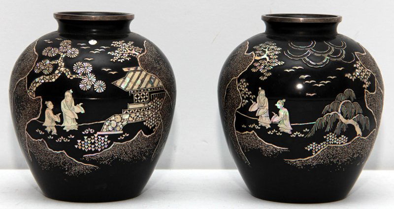 PR OF CHINESE BLACK & MOTHER OF PEARL VASES (1 of 6)
