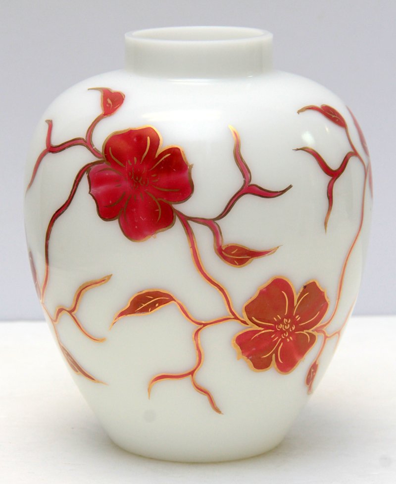 WHITE OPALINE WITH PAINTED FLOWERS: White opaline and floral painted vase. measures approx 7 5/8" h x 6" wide