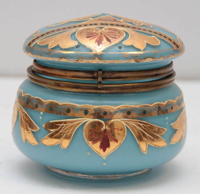 Opaline Hand Painted Round Covered Box: Opaline Hand Painted Round Covered Box. Measures 3 1/2" x 3 5/8"