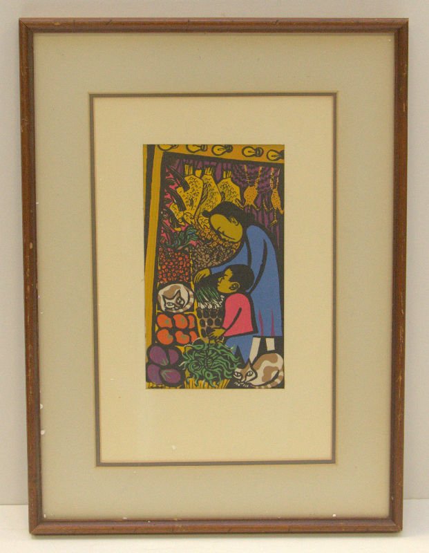 Emmy Lou Packard, American 1914-1998 Woodblock: Emmy Lou Packard, American (1914 - 1998) Woodblock depicting a market scene in China Town, San Francisco. Signed Bottom left. Measures 7 1/2" x 4 1/4" with out frame, 15 3/4" x 11 1/2" with frame.