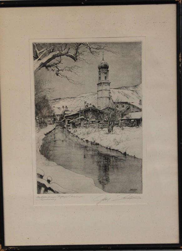 Etching of Snowy Cathedral Winter Town Scene Dated (1 of 5)
