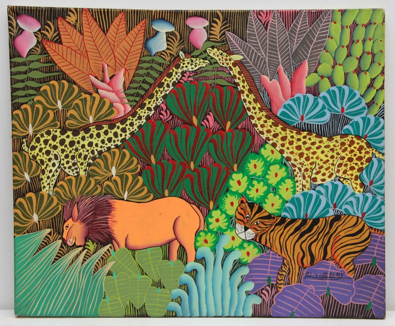 Alix Cheramy Haitian Oil Painting on Canvas: Haitian painting of a jungle scene oil on canvas signed Alix Cheramy. Measures: 20" x 24"