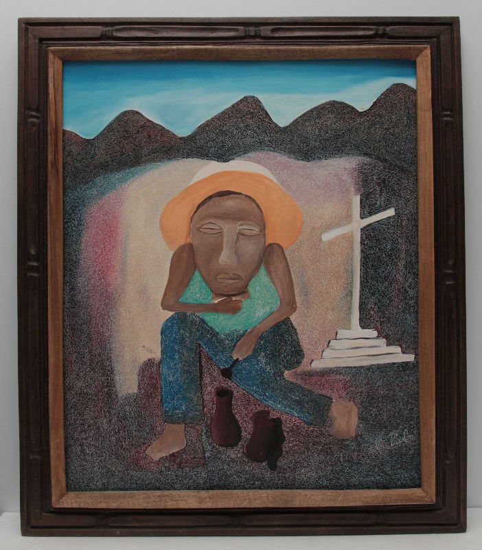 Liolm, Hatian Oil Painting: Liolm, Hatian oil painting on canvas. 20 1/2" x 24" depicts boy sitting by a tombstone signed lower right.