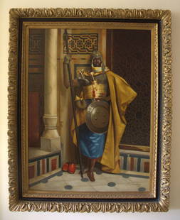 Large Orientalist oil painting on canvas depicting a: Large Orientalist oil painting on canvas depicting a Nubian Palace Guard after the work of Ludwig Deutsch (FRENCH/AUSTRIAN, 1855 – 1935). Signed to lower right. Mounted in a gold painted wooden fram