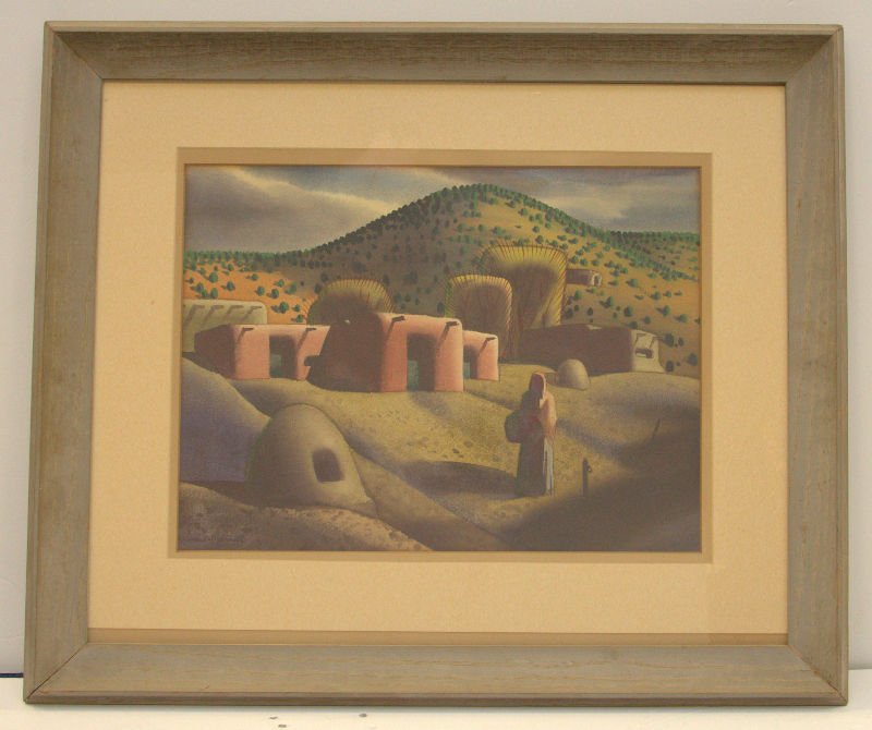 Sandor Bernath, New Mexican Adobes: Sandor Bernath (1892- 1984) Nice watercolor depicting the American Southwest in winter, probably Taos , New Mexico . Painted on rough-textured paper, the composition emphasizes the repeating rectangle