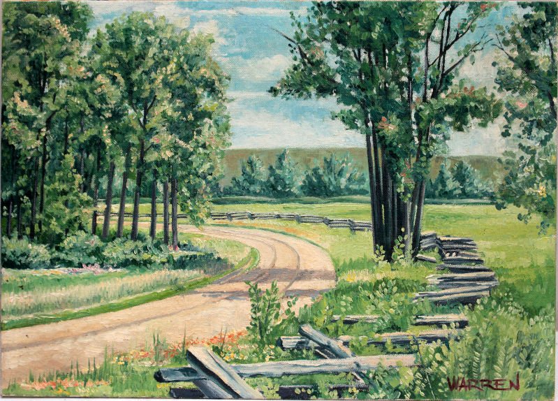 WARREN OIL ON CANVAS: Warren - Landscape with path. Oil on canvas on board.