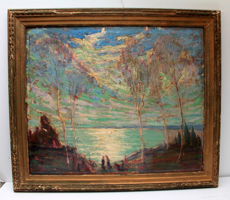 Theophilous John Morgan 1872-1947 American Painting: Large oil painting on canvas depicting a sunset on water with figures. Painting is titled on back(A.Phantasy). Measures 25" x 30" Site Size + 30" x 35" with frame which looks original to this period