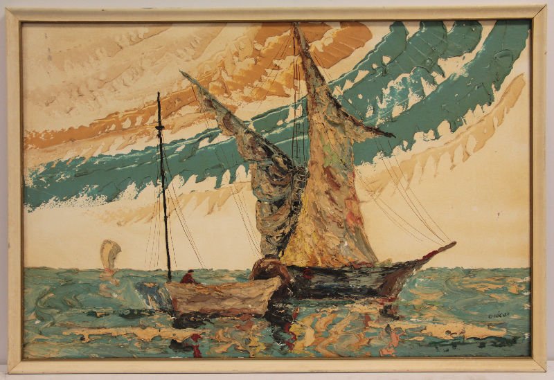 ELMO GIDEON OIL PAINTING ON BOARD: Elmo Gideon Oil painting on board depicting ships at sea, signed lower right. Measures approx 24" x 30"