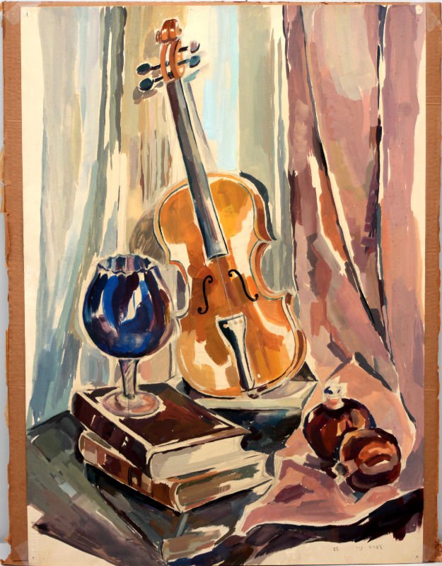 WATERCOLOR SIGNED LOWER LEFT: Watercolor of violin and books with glass of wine still life painting. Signed lower right and dated 1988. 27 1/2"x 19 1/2" unframed