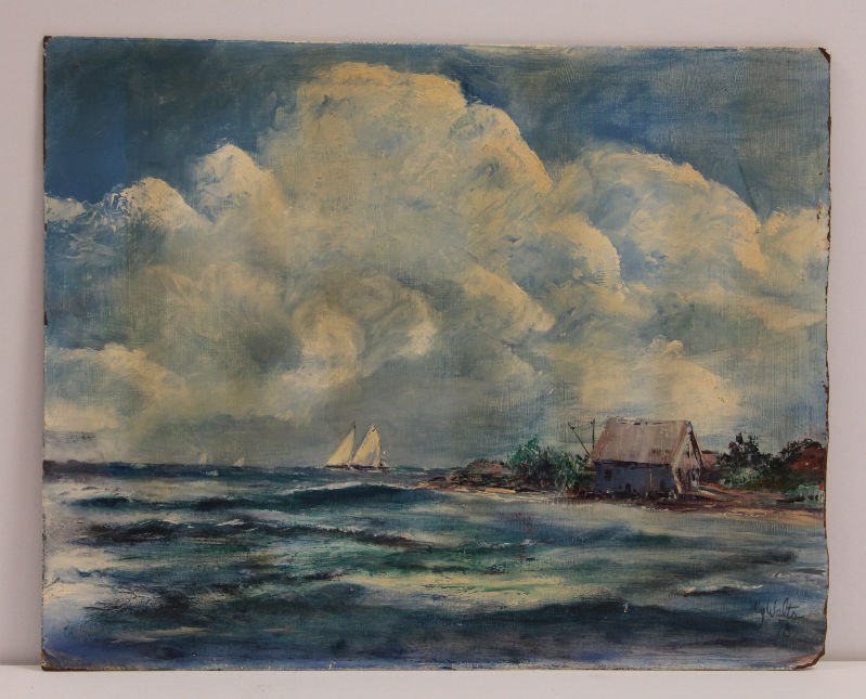 SY WALTS OIL PAINTING ON BOARD: Cy Walts oil painting on board depicitng sailboats in Florida Keys signed lower right measures approx 16" x 20"
