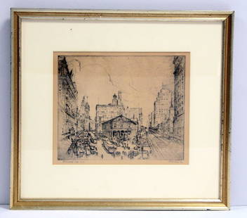 LEON LOUIS DOLICE ETCHING HERALD SQUARE: Leon Louis etching titled "Herald Square" great condition signed in pencil image size 9 3/4" x 9 1/2"