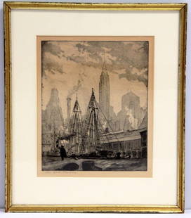 LEON LOUIS DOLICE ETCHING NEW YORK HARBOR: Leon Louis Dolice etching titled "New York Harbor" 1939, Great condition, image size 9 1/2" x 8"