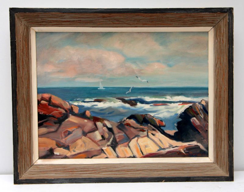 Florence Dorrance 1957: Florence Dorrence oil painting on canvas board. Nice rock point school dating 1957. Painting of rocks and sea with sail boats and sea gulls. Measures approx 12" x 16"