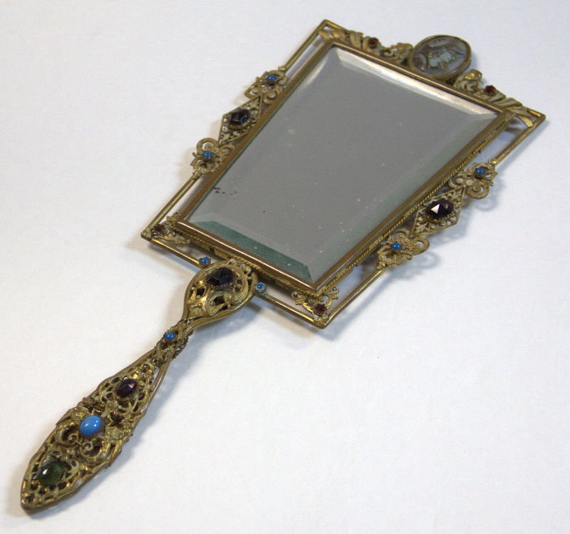 Austrian Gilt Metal and Jeweled Hand Held Mirror (1 of 2)