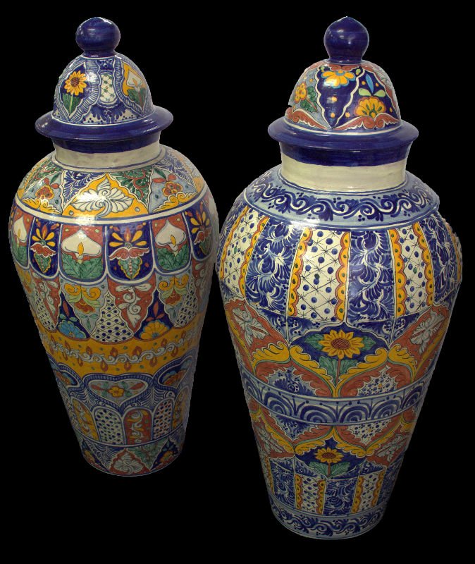 Pair of Majolica Style Porcelain Covered Urns (1 of 7)