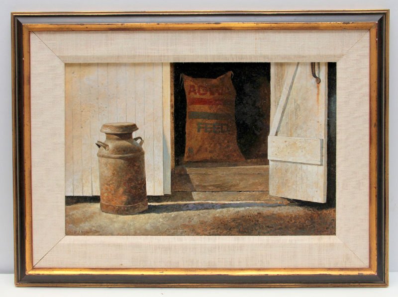 R. BENJAMIN JONES OIL ON BOARD: R. Benjamin Jones PA farm. beautiful oil on board of Pennsylvania barn with feed 12 x16