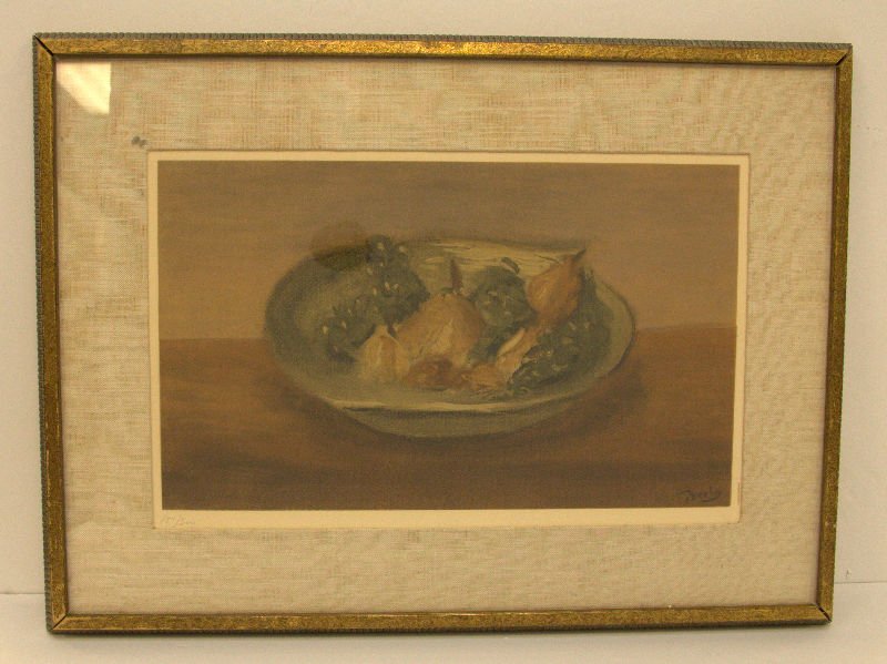 Andre Derain, French "Nature Morte Aux Fruits": Andre Derain, French 1880-1954. Titled "Nature Morte Aux Fruits" on a label on the reverse. Lithograph in colors. Signed in the stone. Measures 13.5" x 20.5" Sight, Framed size 22" x 28"