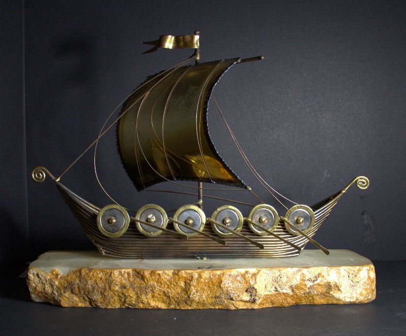 SCANDINAVIAN GILT BRONZE SCULPTURE OF BOAT ON ONYX BASE (1 of 3)