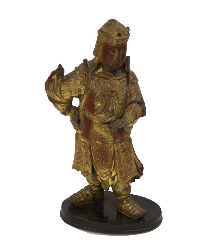 ANTIQUE CHINESE GOLD AND RED LACQUERED WOODEN WARRIOR (1 of 3)