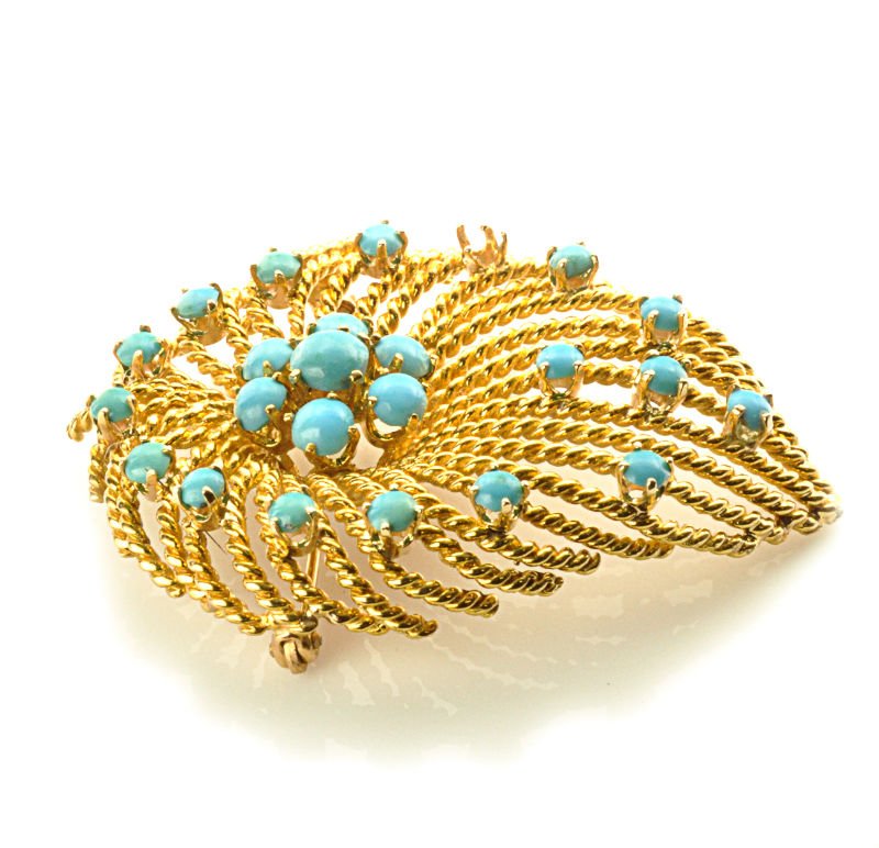 1970's 18K yellow gold and turquoise leaf brooch (1 of 1)