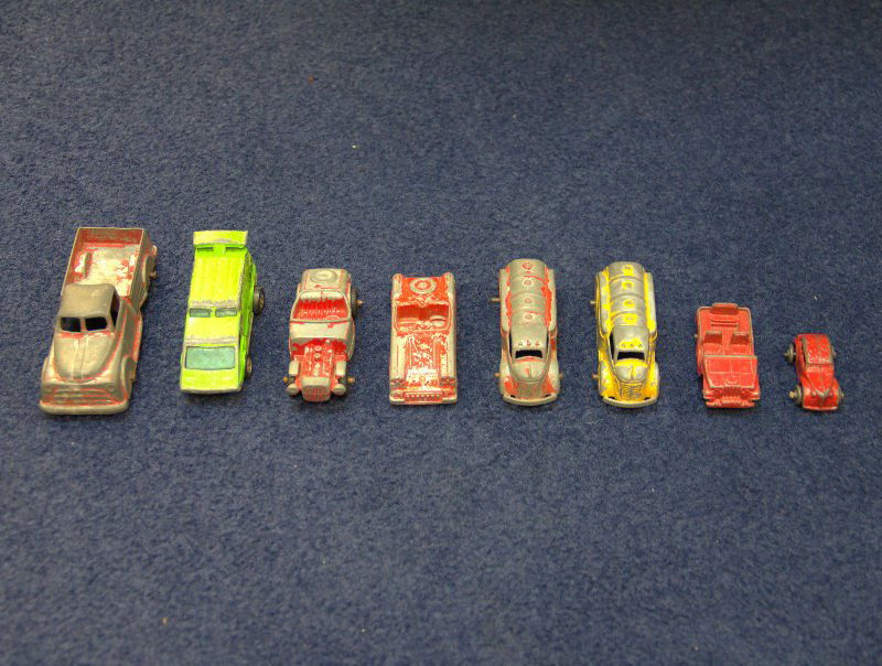 Lot of 8 Tootsie Toys: Red sports car 3", Red Jeep 2 1/8", red convertible 2 7/8", red pickup truck 3 7/8", yellow and red truck 3 1/8", green spoiler hot wheel 3", mini car 1 1/2"