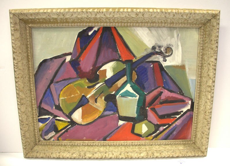Abstract Oil Painting On Painting On Board: Abstract oil painting on board depicting a violin with a bottle. Measures approx 16" x 20"