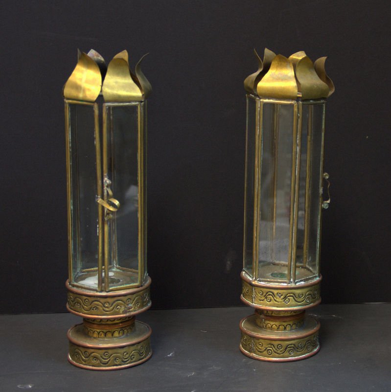 Pair Of Brass & Copper Lanterns With Glass (1 of 3)