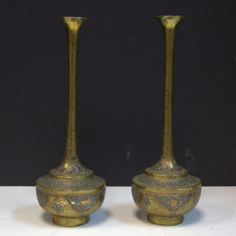 Pair Brass Mixed Metal Arabian Vases (1 of 6)
