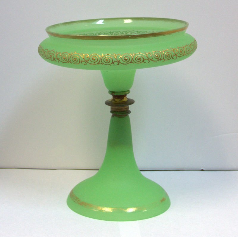 Green Opaline Centerpiece: Green opaline footed centerpiece measures approx 8 3/4" h x 7 1/2" diameter