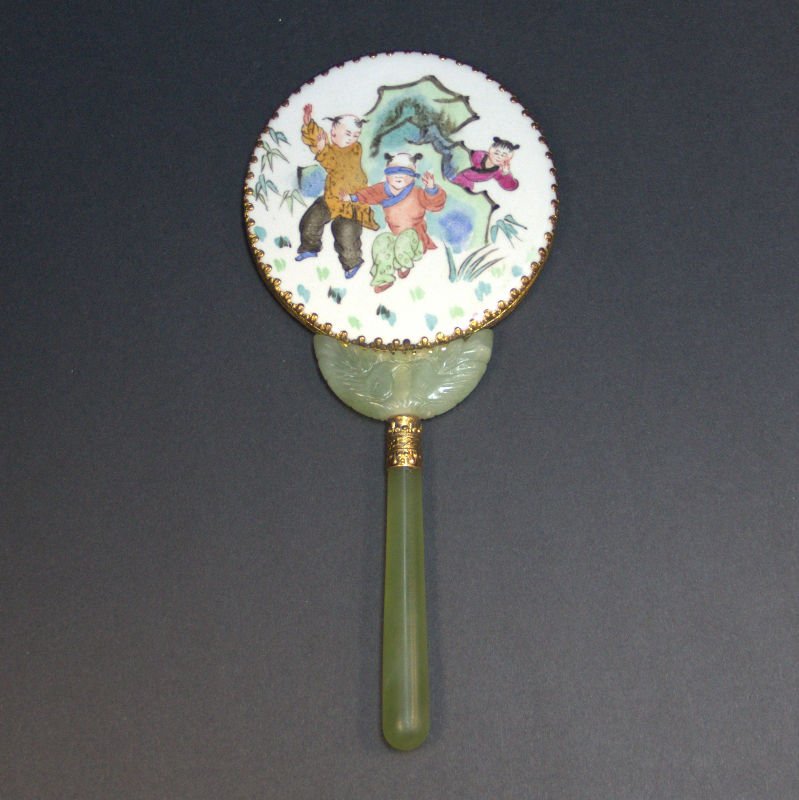 Chinese Porcelain & Jade Handle Held Mirror (1 of 3)
