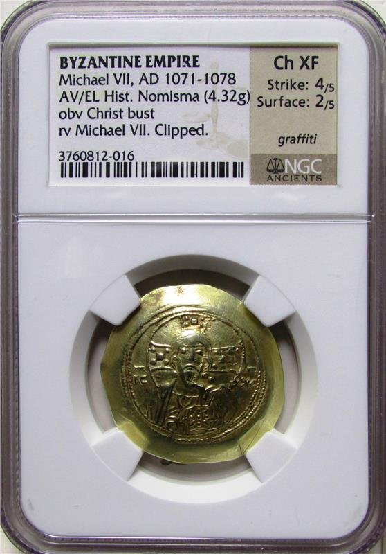 nnnAncients: Michael VII (1071-1078). AV histamenon: Ancients: Michael VII (1071-1078). AV histamenon nomisma (4.32 gm). Sear 1868. NGC Choice XF 4/5 - 2/5, Graffiti. Clipped.