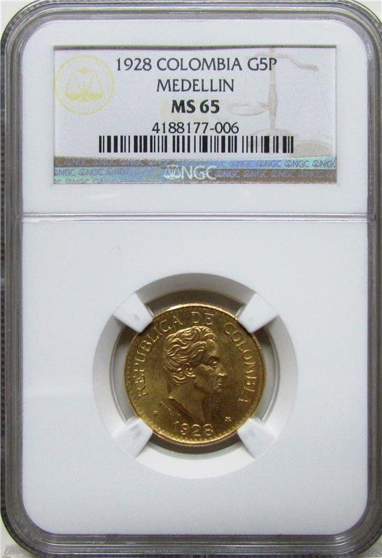 Colombia: Republic gold 5 Pesos 1928-Medellin, KM204,: Colombia: Republic gold 5 Pesos 1928-Medellin, KM204, MS65 NGC.