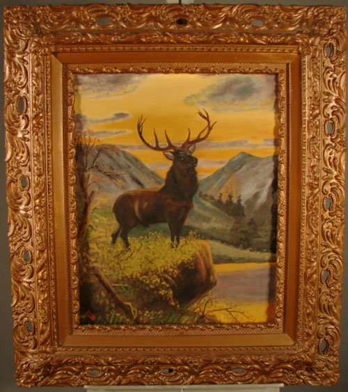 Artist signed oil painting on canvas of Elk. Sig