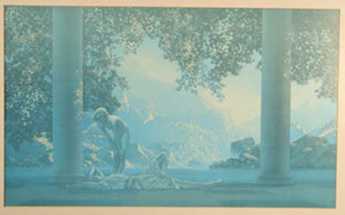 Maxfield Parrish Lithograph Print. Framed under: Maxfield Parrish Lithograph Print. Framed under glass. Sight size 18"h x 30"w.