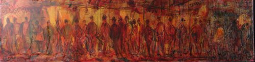 Cucaro Signed Mixed Media Painting on Canvas, Crowd: Cucaro Signed Mixed Media Painting on Canvas, Crowded Street Scene. Cucaro (Pascal Cucaro b. 1915 d. 2004 American). Sight size 1'h x 4'w. Overall 1'1"h x 4'1"w.