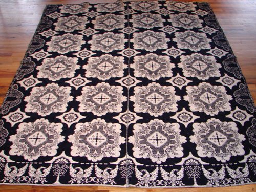 Antique Blue & White Jacquard Coverlet. Marked "Ma