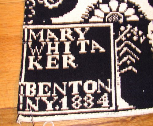 Antique Blue & White Jacquard Coverlet. Marked "Ma - 2