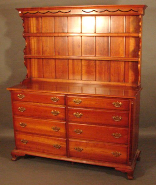 Stickley Signed Cherry Valley Welsh Cupboard / Hut: Stickley Signed Cherry Valley Welsh Cupboard / Hutch. Eight drawer, brass pulls. 73 3/4"h x 61 1/2"w x 21"d.