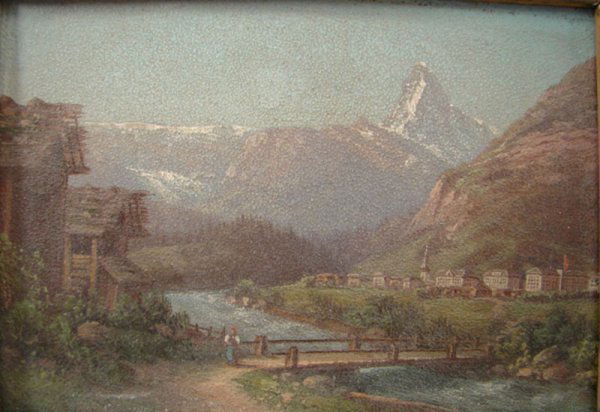 Antique Miniature Oil Painting on artist's board.: Antique Miniature Oil Painting on artist's board. Mountain landscape with village scene and figures. No apparent signature. Second half 19th c. Mounted in original gilded gesso over wood frame (signif