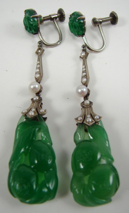 Pair of Green Jade & Pearl Drop Earrings with 9k