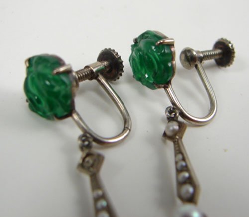 Pair of Green Jade & Pearl Drop Earrings with 9k - 2