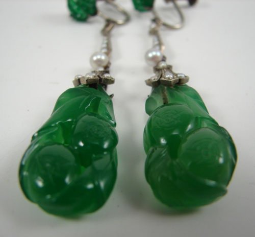 Pair of Green Jade & Pearl Drop Earrings with 9k - 3