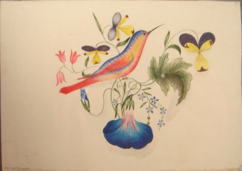 T.J. McDowell Signed Antique Watercolor Painting: T.J. McDowell Signed Antique Watercolor Painting on paper, Still life with birds and flowers. Pasted to pressed decorated paper border. Mounted in modern frame under glass. Sight size 3 1/2" tall by 4